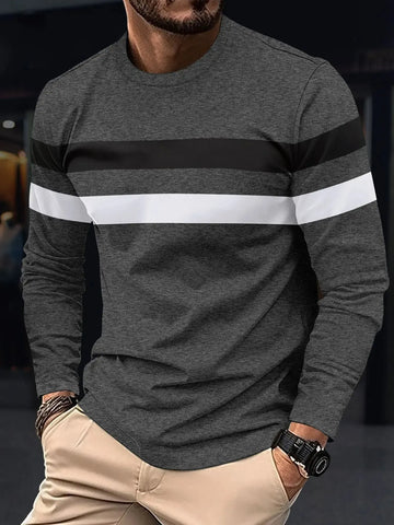 2025 Autumn/Winter Fashion Men's Long Sleeve Round Neck Splicing T-shirt Business Anti Wrinkle Street Wear Casual Top PlatiNum