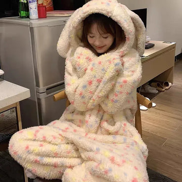 Thickened Winter Pajamas Onesie Coral Fleece Hooded Sleepwear for Cute Girls Home Clothes Outdoor Cartoon Print Warm Homewear