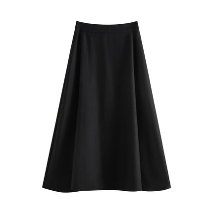FSLE Office Lady Wool High Waisted A-line Skirt for Women Thickened Medium Length 2024 Winter New Women Casual Skirts 24FS14642 PlatiNum