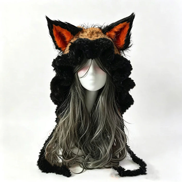 Custom Hand‑Crocheted Black Red Fox Ear Hood Women Soft Knitted Long Ties Beanie Gothic Unisex Dark Fairy Winter Warm Accessory