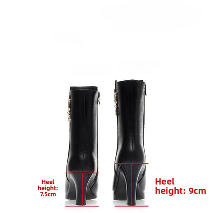 Women's Mid-calf Boots Temperament Pointed High Heeled Boots High Quality Casual Leather Boots for Women Plush Warm Winter Boot