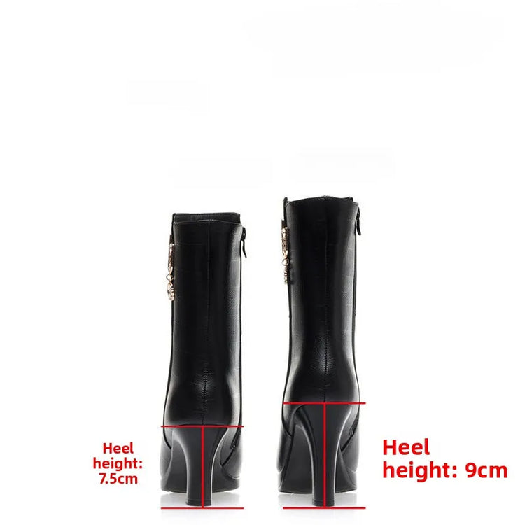 Women's Mid-calf Boots Temperament Pointed High Heeled Boots High Quality Casual Leather Boots for Women Plush Warm Winter Boot