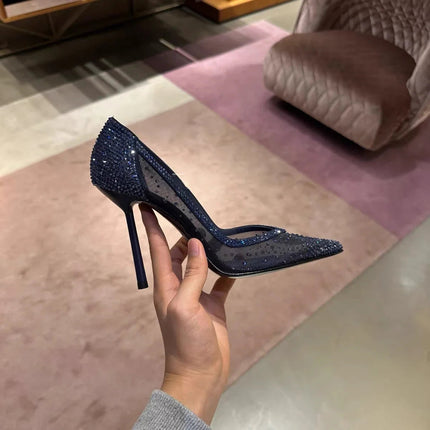 Scarpe col tacco alto a punta tempestate di diamanti in maglia blu con scarpe di cristallo con tacchi fini, nuove scarpe singole in pizzo scavato con tacco sottile platinumshop