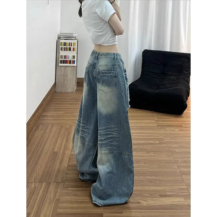 Jeans da donna stile americano vintage lavato con strappi, a gamba larga e dritta, vita alta, lunghezza maxi