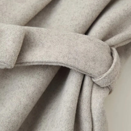 Elegant Lace Up Woolen Short Coat Solid Loose Lapel Furry Long Sleeve Belt Waist Jacket 2026 Spring Autumn Lady Chic Cardigan