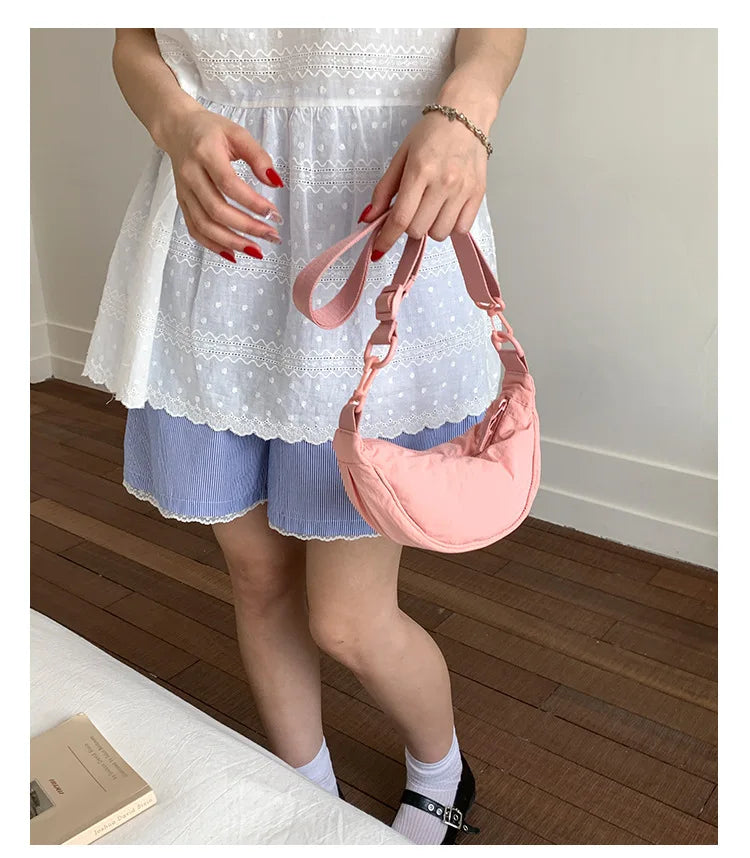Simple Design Women's Messenger Bag Fashion Ladies Nylon Hobos Small Shoulder Bags Vintage Female Girls Purse Cloth Handbags PlatiNum