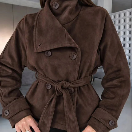 Elegant Suede Women Jacket Turn Down Collar Double Breasted Belt Waist Slim Jackets 2026 Autumn Winter Female Fashion Tops