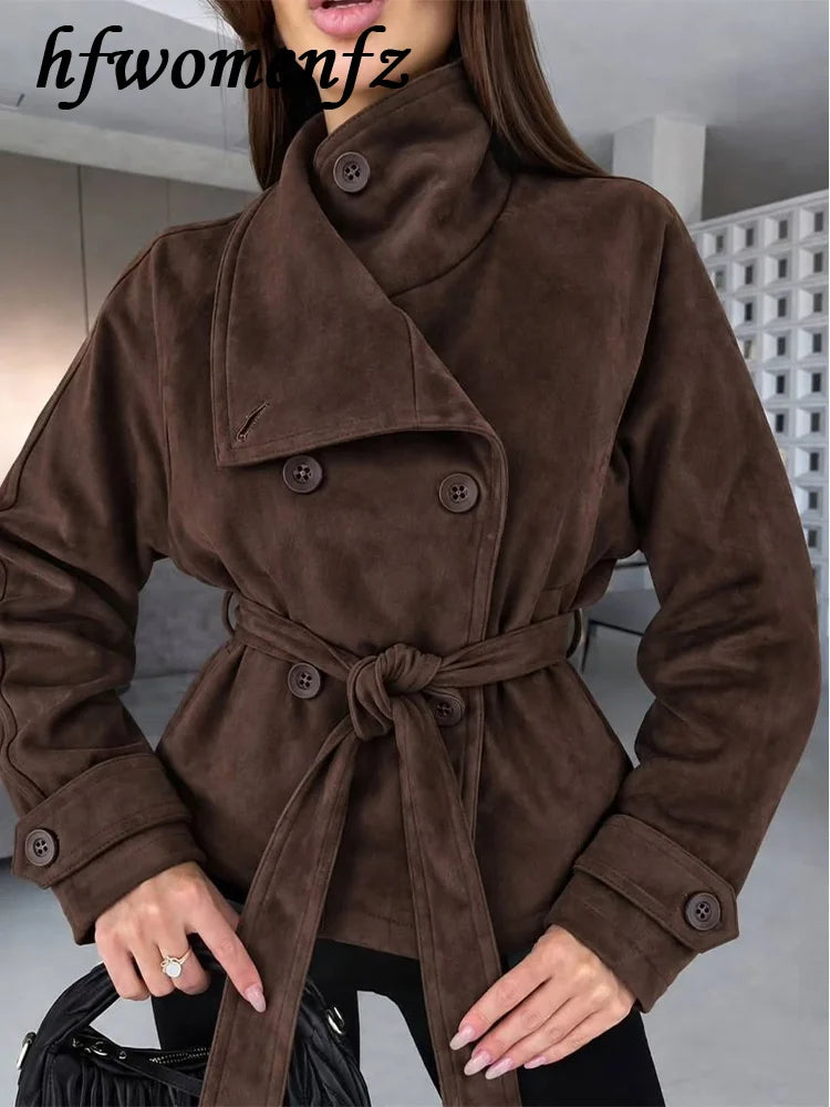 Elegant Suede Women Jacket Turn Down Collar Double Breasted Belt Waist Slim Jackets 2026 Autumn Winter Female Fashion Tops