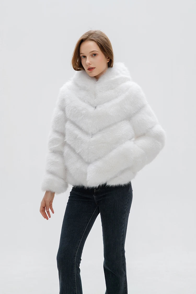 ZADORIN Fashion Hooded Splicing Fluffy Jacket Women Winter Long Sleeve White Faux Fur Coat Woman Clothing New in Coats & Jackets