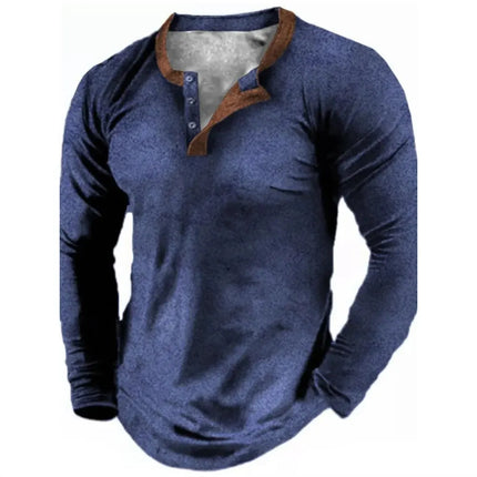 Spring Autumn Solid Color Henley Shirts 3D Printed Men's Fashion Vintage Button-Down Long Sleeve T Shirts Men's Tees Top Apparel