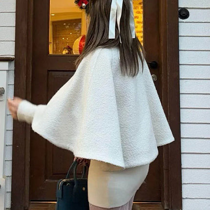 HH Women's 2025 New Solid Wool Blended Stand Collar Concealed Button Cape Jacket Female Fashion Versatile Temperament Jacket