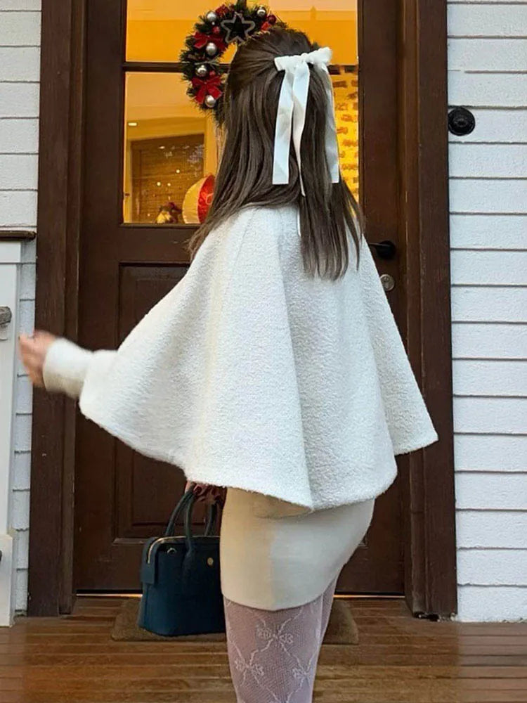 HH Women's 2025 New Solid Wool Blended Stand Collar Concealed Button Cape Jacket Female Fashion Versatile Temperament Jacket