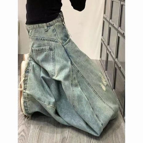 Jeans Vintage a Vita Alta con Effetto Invecchiato per Donna, Pantaloni Larghi a Gamba Dritta e Lunga per Primavera e Autunno