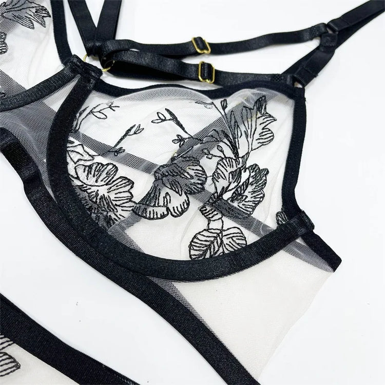 Sexy Floral Black Bikini Bra Set See through Ultra-Thin Underwear Lingerie for Women Female Erotic Panties Bra Underwear Set