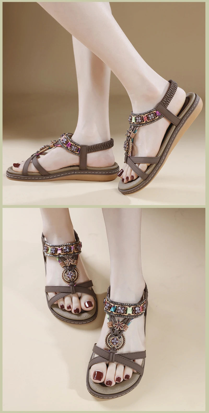 Summer 2025 Pomesian Rhinestones Comfortable And Casual Beach Flat Sandals For Women Ethnic Style Leisure Comfortable And Simple
