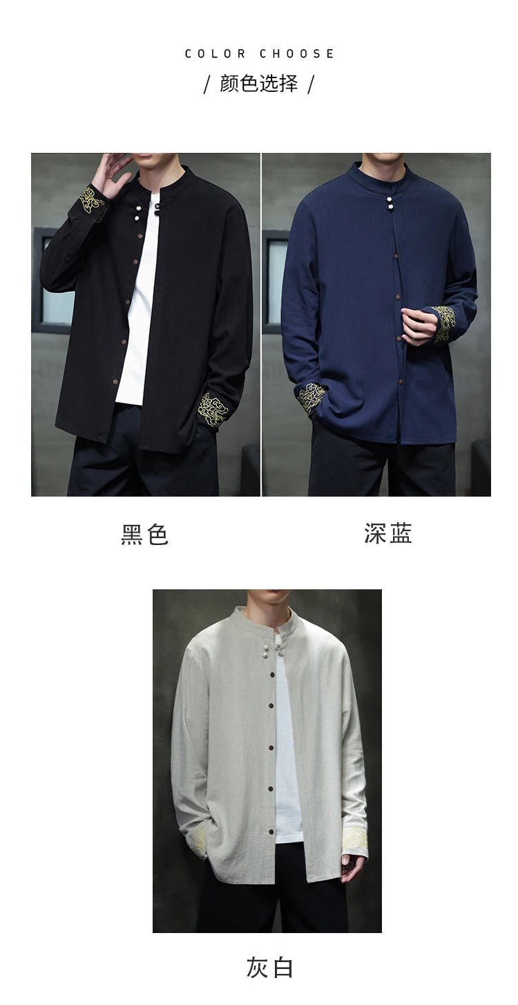 Camicie da Uomo di Alta Qualità con Ricami in Stile Cinese, Colletto Rialzato Retrò, in Lino Comodo e Traspirante, Camicie Casual da Uomo