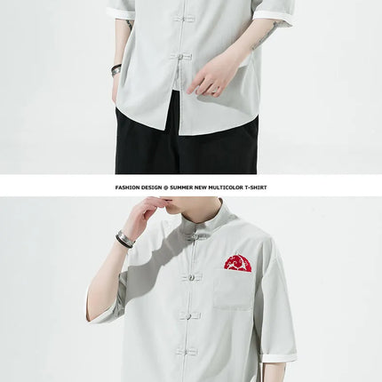 Camicie Retrò da Uomo Ricamate Stile Kung Fu Tai Chi, Camicie Casual a Maniche Corte, Stile Cinese in Lino Traspirante e Cotone per Uomo