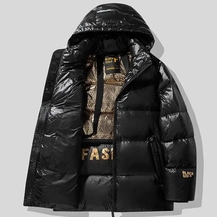 New Winter Men Hooded Black Shiny Puff Jackets Duck Down Coats Warm Casual Down Jackets Male Outdoor Windproof Parkas Size 3XL