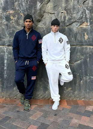 Men Retro Half-Zip Tracksuit Suit Cool Pattern Embroidery Streetwear Casual Fashion Stand Collar Zipneck Hoodie Daily Sweatpants PlatiNum
