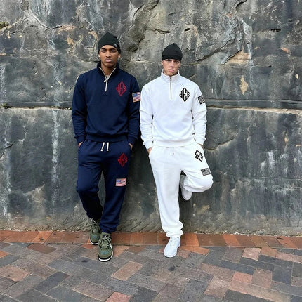 Men Retro Half-Zip Tracksuit Suit Cool Pattern Embroidery Streetwear Casual Fashion Stand Collar Zipneck Hoodie Daily Sweatpants PlatiNum