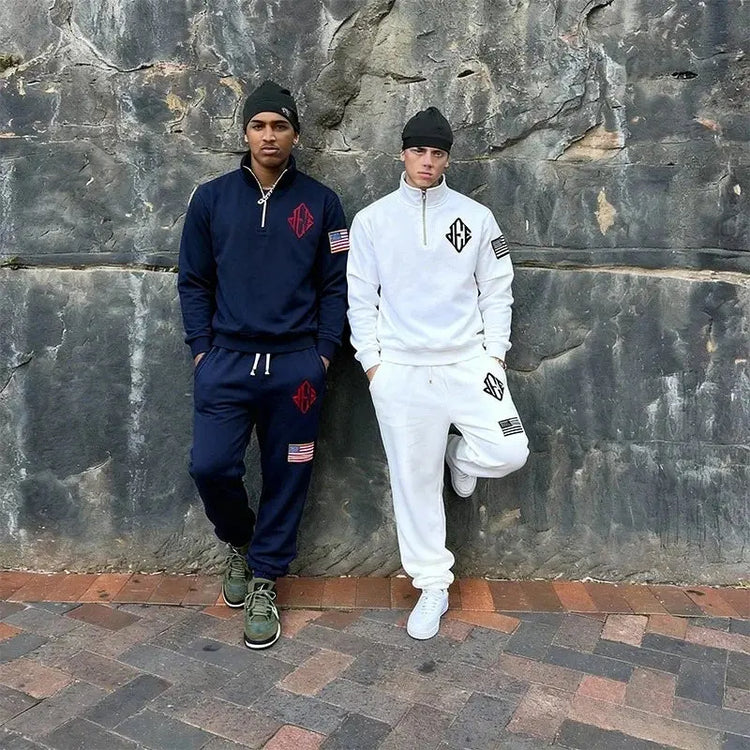 Men Retro Half-Zip Tracksuit Suit Cool Pattern Embroidery Streetwear Casual Fashion Stand Collar Zipneck Hoodie Daily Sweatpants PlatiNum