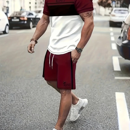 2026 Summer New Arrival Men's Casual Two-piece Set 2026 Striped Print Short Sleeve Shirt and Sports Shorts Men's Fitness Set