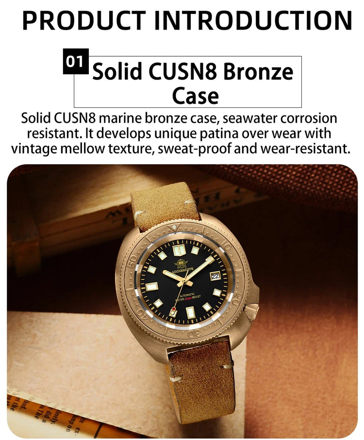 ADDIESDIVE Mens Automatic Mechanical Dive Watch Japan 8215 Movement Bronze Case Sapphire Crystal 200M Waterproof Ceramic Bezel