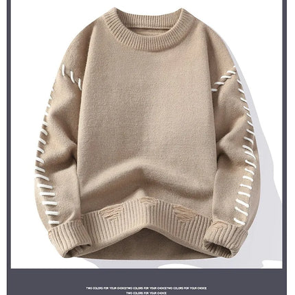 Solid Color Trendy Loose Knit Sweater With Coarse Yarn Weaving Pattern For Autumn And Winter Men's Top And Street Pullover