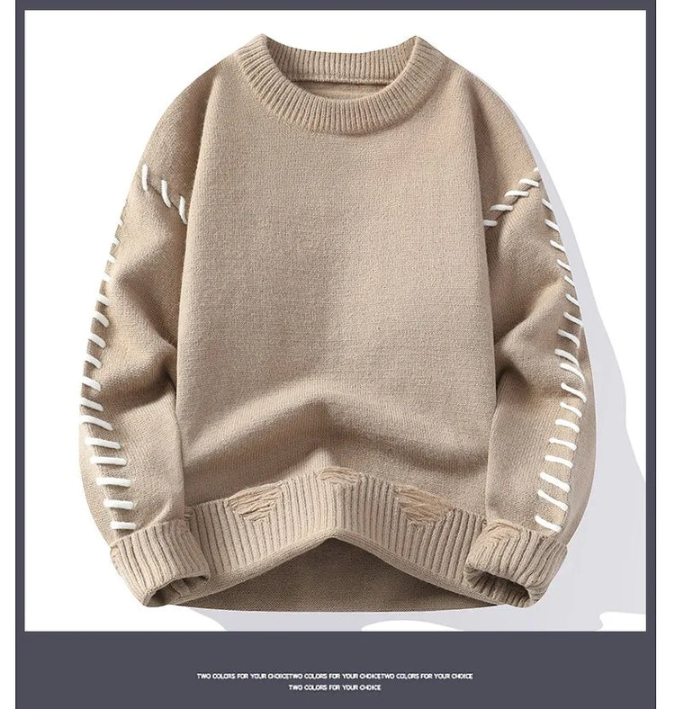 Solid Color Trendy Loose Knit Sweater With Coarse Yarn Weaving Pattern For Autumn And Winter Men's Top And Street Pullover