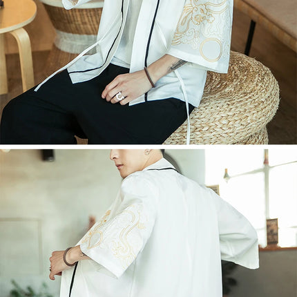 Japan Samurai Shirt uomo ricamato Kimono giapponese manica corta Cardigan uomo estate sottile moda Casual Yukata Cardigan Top uomo