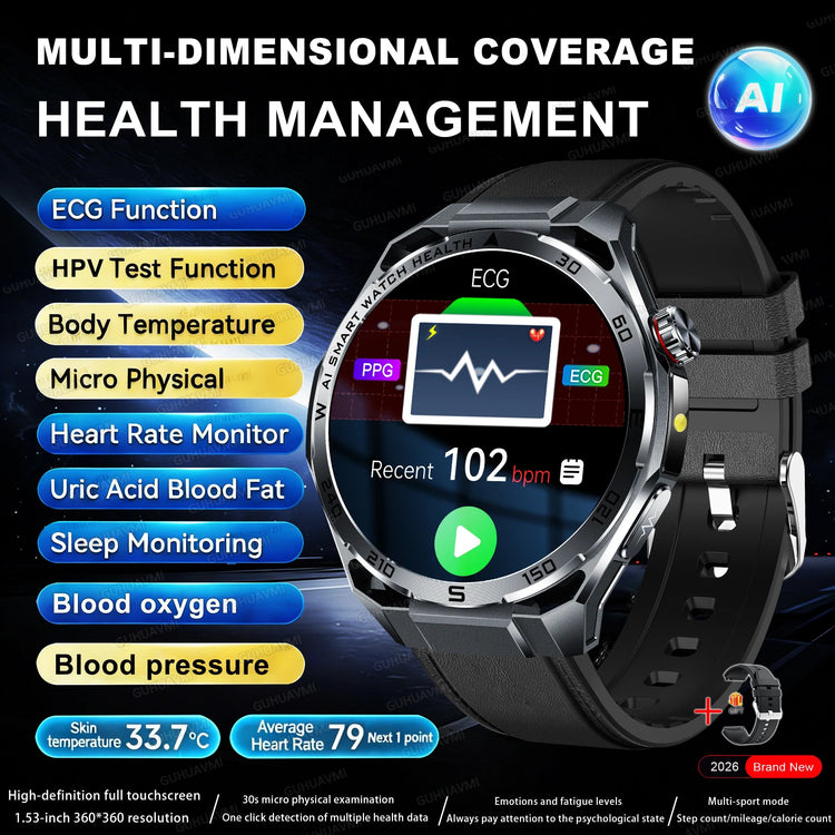 Nuovo Smartwatch 2026 con Analisi AI del Grasso Corporeo, ECG+PPG, Acido Urico, Pressione Sanguigna, Ossigeno nel Sangue, Chiamate, Schermo AMOLED per Uomini e Donne platinumshop