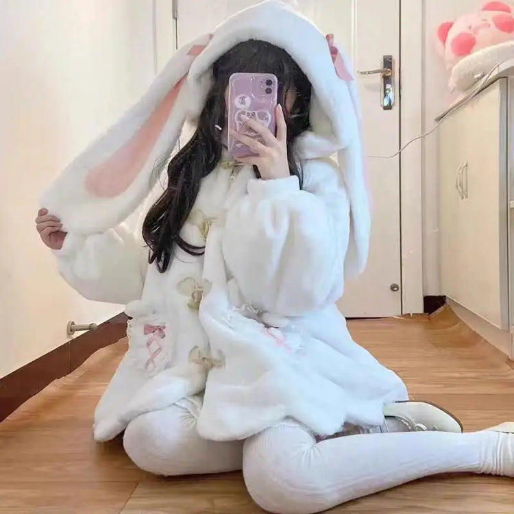 Kawaii Winter Clothes Cute Coats Women Rabbit Cosplay Costume Ears Hooded Lamb Wool Lolita Outwear Y2K Thicked Cartoon Jackets