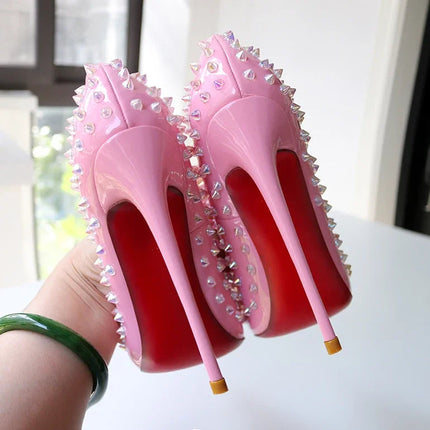 Tacchi alti tempestati di rosa, alla moda, bocca ultra poco profonda, punta a punta, tacco sottile, cielo odio, stile punk alto, 12 cm platinumshop