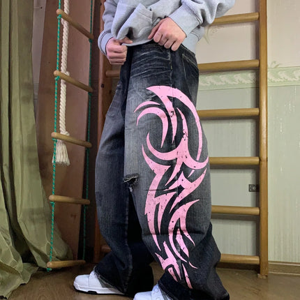 Women's Denim Jeans Wide Leg Long Pants High Waist Straight Hole Pants Y2k Streetwear Print Mom Jeans Casual Loose 2025