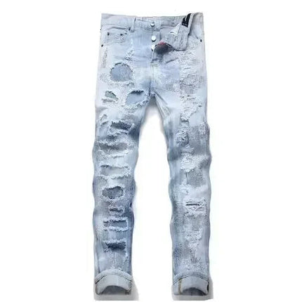New Fashion Men Black Ripped Denim Jeans talian High Street Style Denim Pants High Quality Male Slim Fit Denim Trousers Size 38 PlatiNum