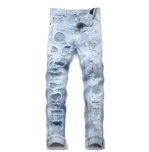 New Fashion Men Black Ripped Denim Jeans talian High Street Style Denim Pants High Quality Male Slim Fit Denim Trousers Size 38 PlatiNum
