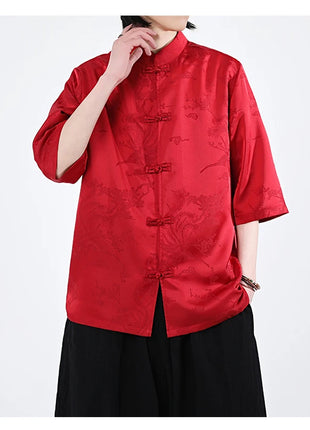 Camicie cinesi Camicia retrò in seta di ghiaccio con motivo floreale scuro Tradizionale Kung Fu Tai Chi Casual Loose Fit Top da uomo traspirante estivo