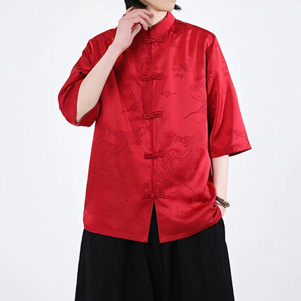 Camicie cinesi Camicia retrò in seta di ghiaccio con motivo floreale scuro Tradizionale Kung Fu Tai Chi Casual Loose Fit Top da uomo traspirante estivo