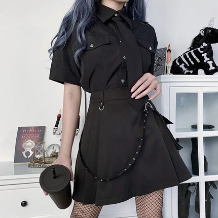 Harajuku Punk gotico nero a vita alta gonne nere donne Sexy Patchwork fasciatura Mini gonna nera Streetwear femminile