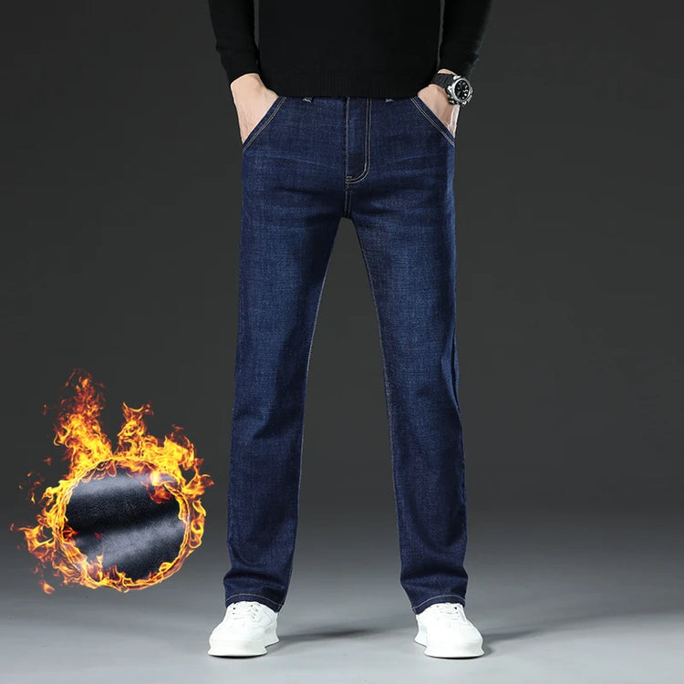 2026 New Jeans Brand Autumn Winter Jeans Warm Flocking Warm Soft Men Activities Warm Fleece Pants Men Jeans Black Blue Colors