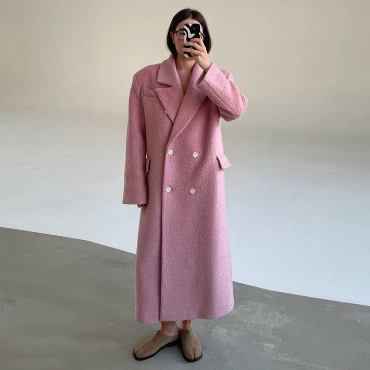 Elegant Women's Woolen Overcoat Solid Lapel Double Breasted Full Sleeve Long Coat 2026 Autumn Winter Fashion Lady Outwear