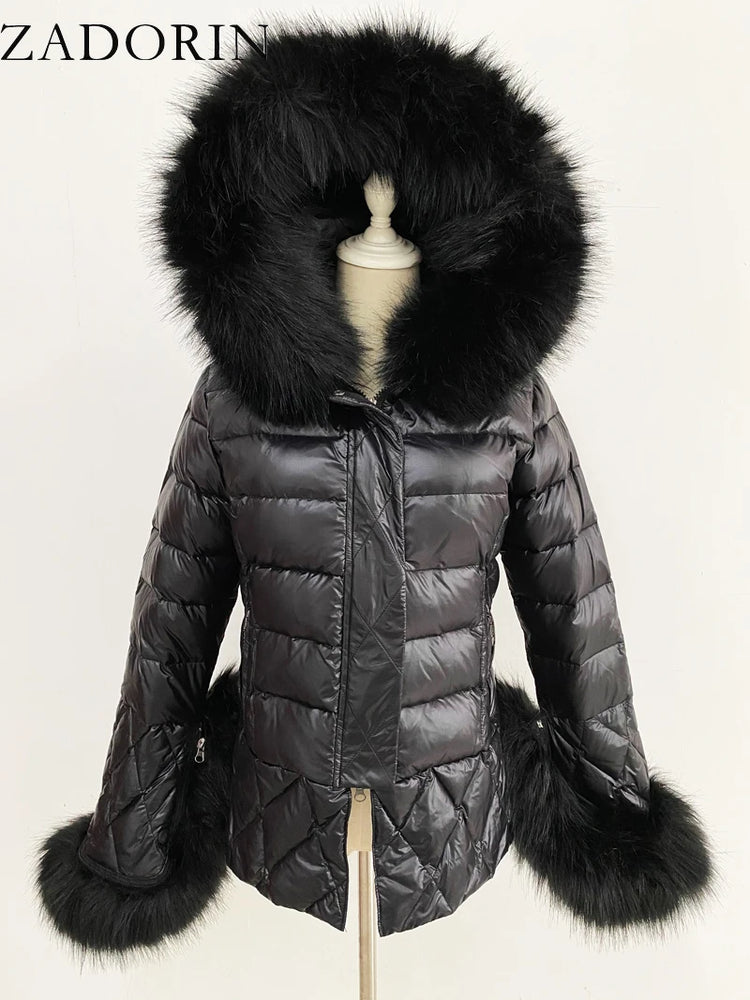 ZADORIN 2025 Trend White Duck Down Patchwork Faux Fur Jacket Women Winter Warm Big FAUX Raccoon Fur Hood Women Faux Fur Coat