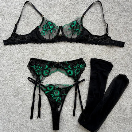 3Pcs Women Elegant Green Floral Embroidered Lace Lingerie Set Underwire Bra Garter Belt T‑back Panty Vintage Intimate Under wear