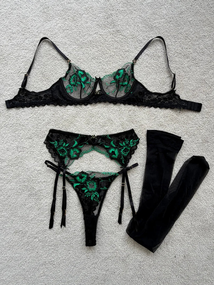 3Pcs Women Elegant Green Floral Embroidered Lace Lingerie Set Underwire Bra Garter Belt T‑back Panty Vintage Intimate Under wear