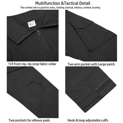 Men's Long Sleeve Combat Shirt 1/4 Zipper Ripstop Cotton Tactical Shirts Navy Blue Camoufalge Airsoft T Shirts PlatiNum