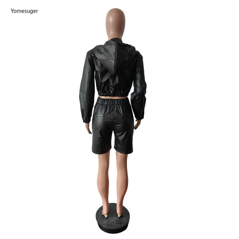Yomesugar Autumn Sexy PU Leather 2 Piece Sets Women Hipster Zip Hooded Full Sleeve Crop Jacket and Shorts Matching Streetwear