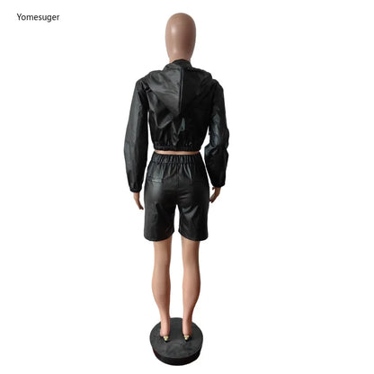 Yomesugar Autumn Sexy PU Leather 2 Piece Sets Women Hipster Zip Hooded Full Sleeve Crop Jacket and Shorts Matching Streetwear