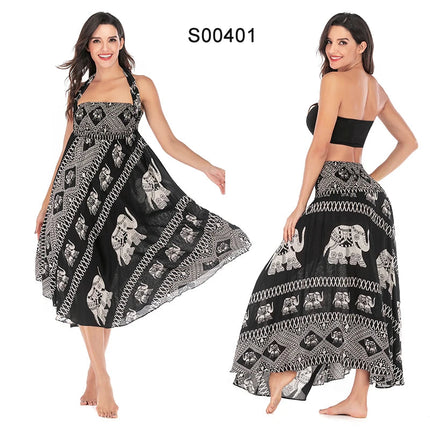 Boho Gonne Donna Rayon Beach Abito lungo Estate Bohemian Jupe Longue Femme Elastico in vita Stampa Fasciatura floreale Halter Hippie platinumshop