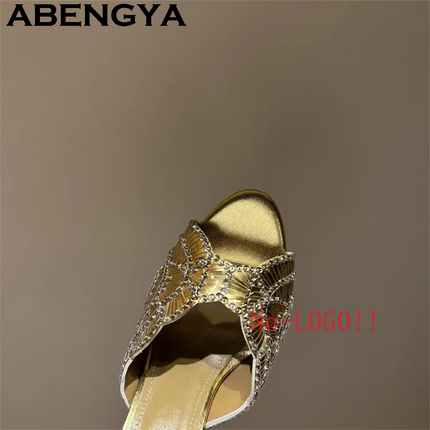 2026 Summer Trendy New Shiny Fish Mouth Toe Sexy Stiletto Sandals Woman Quality Sequined Thin High Heel Slippers for Women Shoes PlatiNum