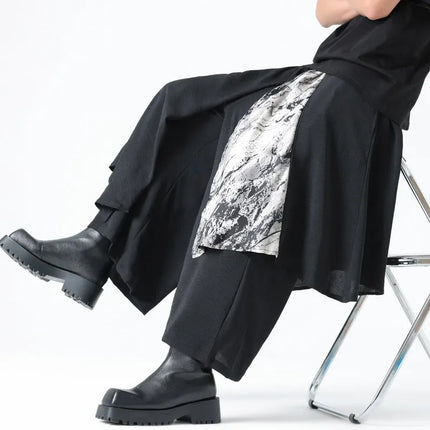 Pantaloni Stile Coreano di Tendenza, Design Casual da Uomo, Moda Streetwear, Pantaloni Maschili Oversize a Gamba Larga con Effetto Due Pezzi